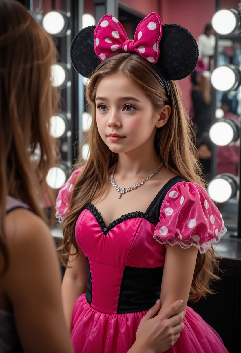 Boy in pink Minnie dress getting makeup in boutique