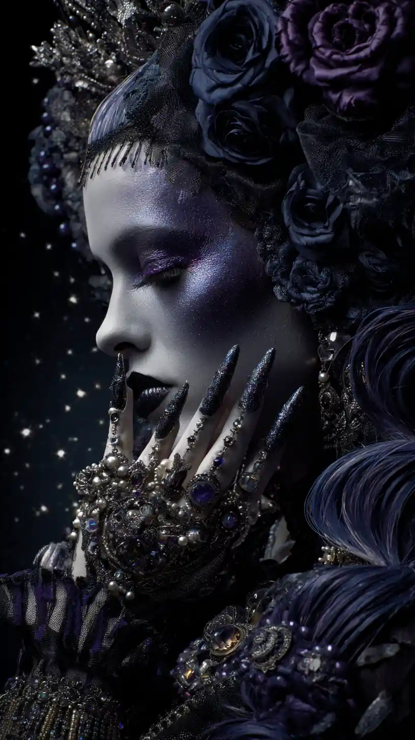 Gothic woman in profile with jeweled stiletto nails