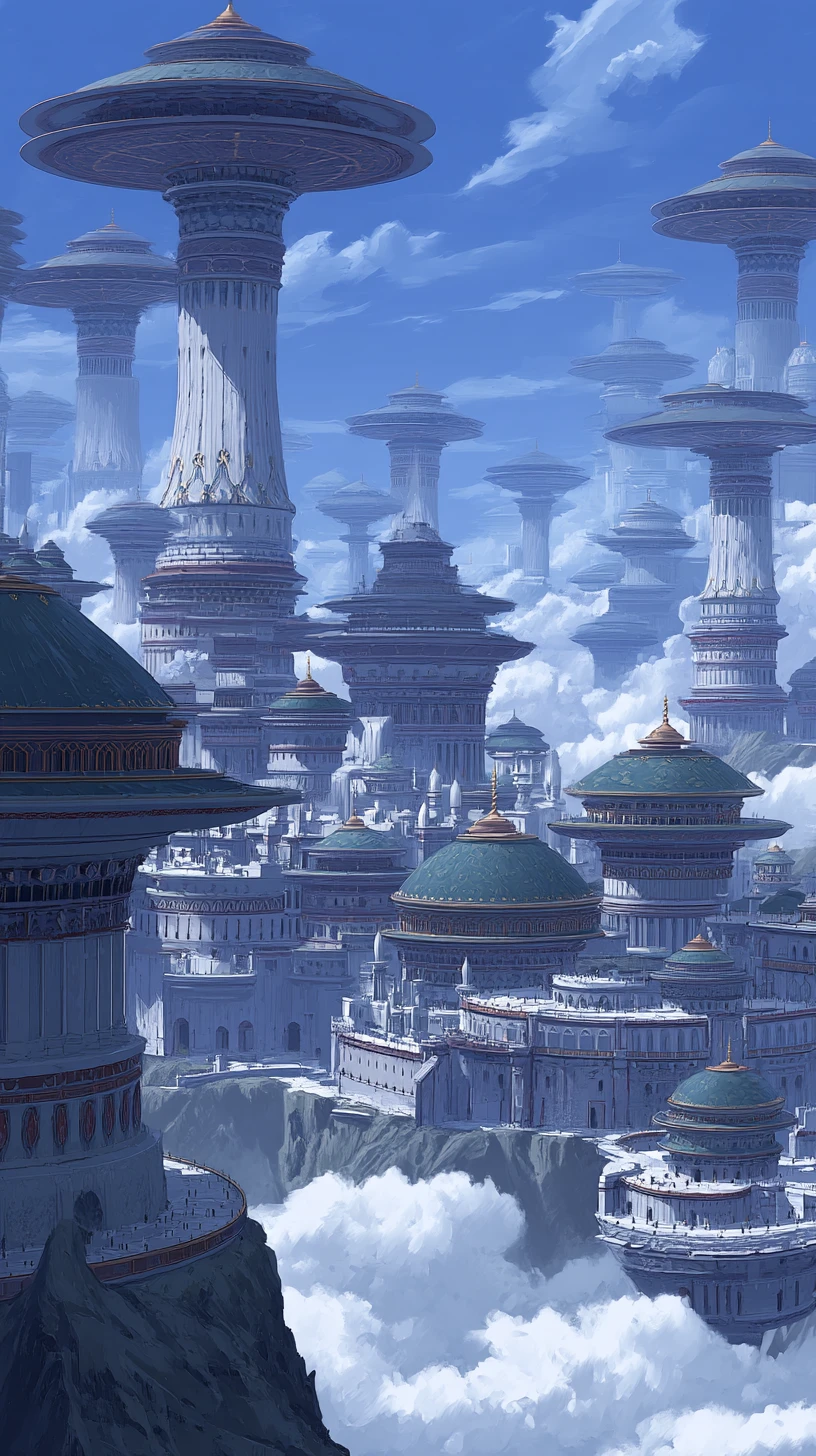 Enorme città orientale fluttuante sospesa in alto nel cielo