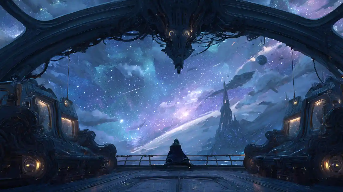 Orc general on alien starship bridge under cosmic vista