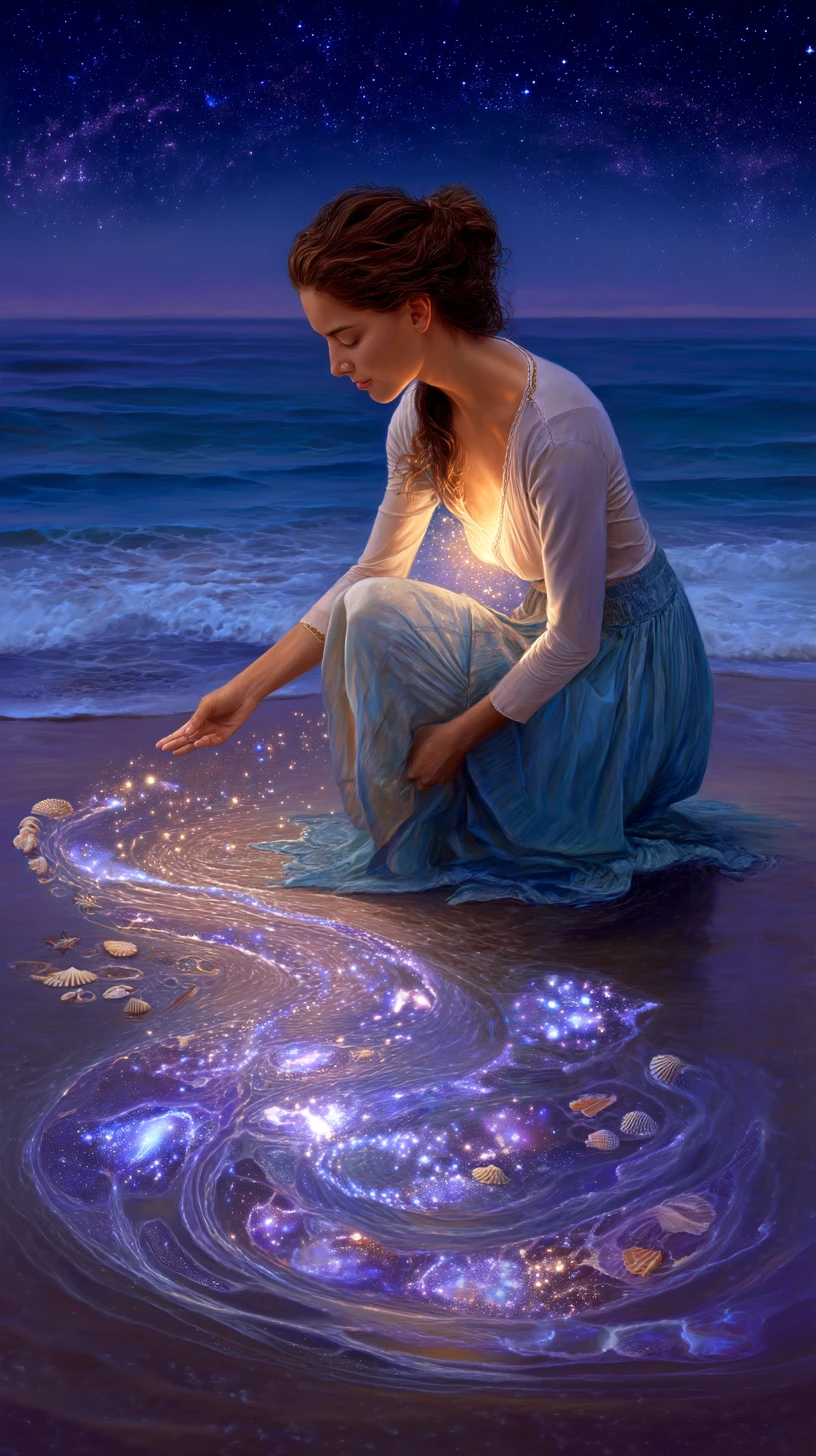 Kneeling figure at a cosmic shoreline of mirrored stars