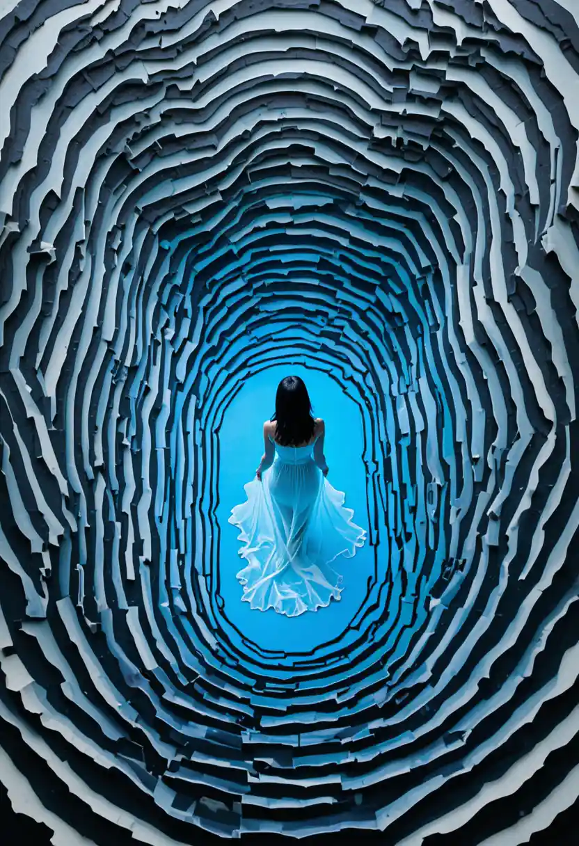 Donna in bianco in un labirinto astratto blu di illusioni ottiche