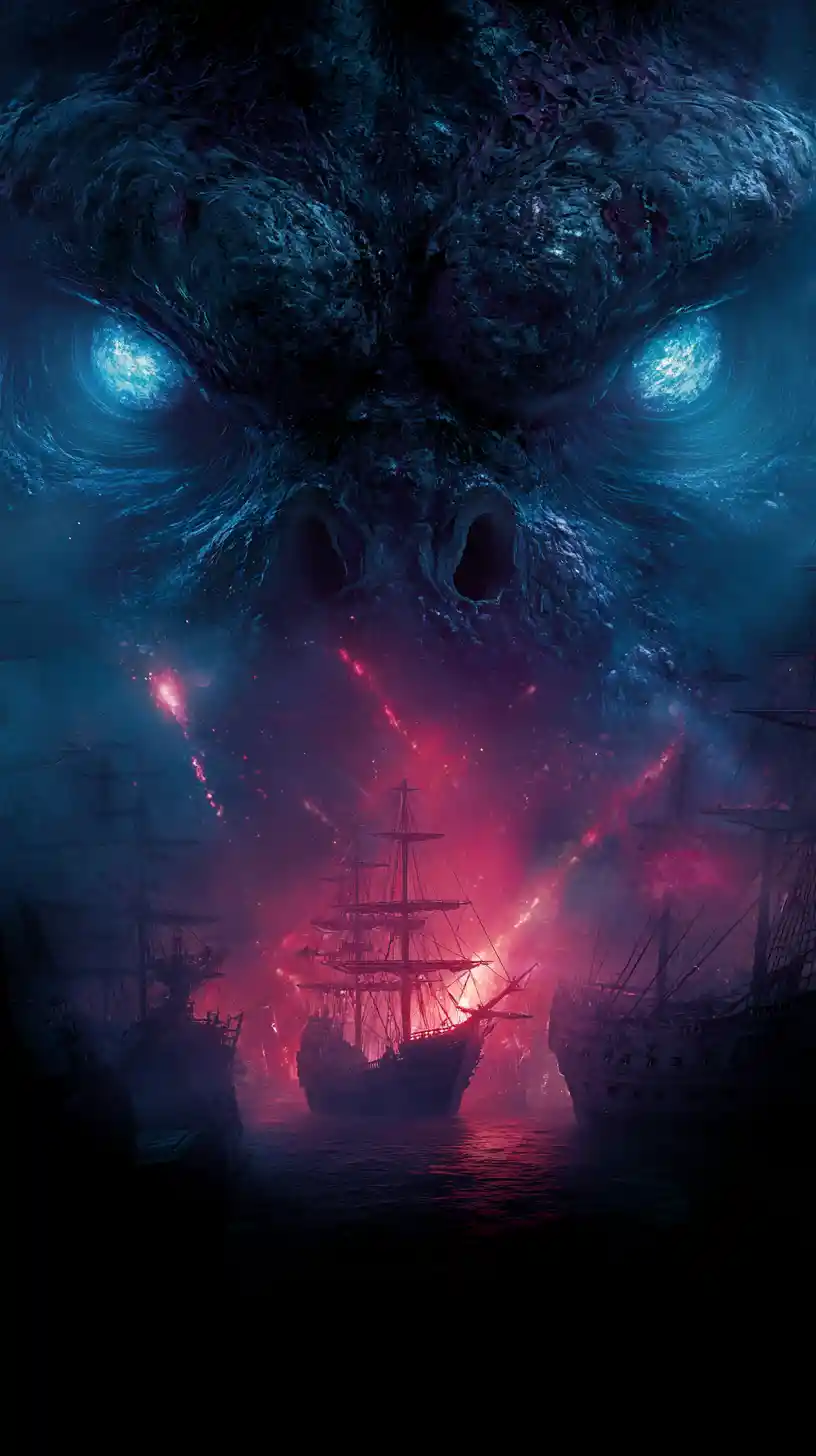 Colossal sea monster rising beside a decaying pirate ship