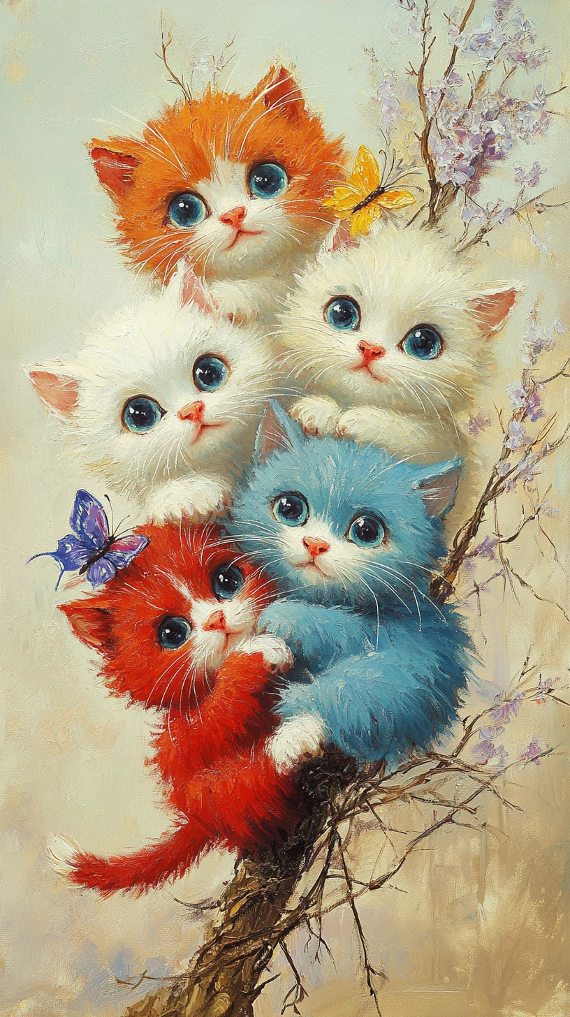Drei fröhliche Cartoon-Katzen mit Blumen und Schmetterling