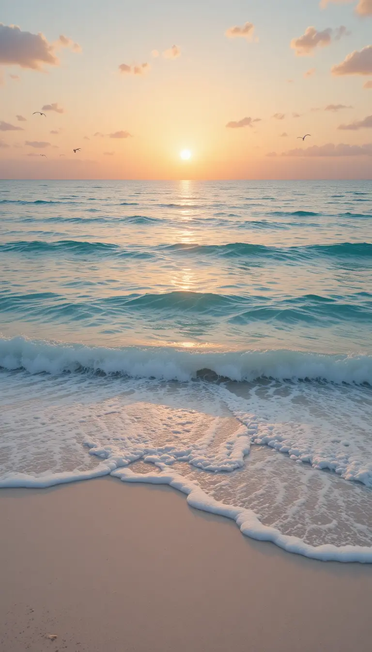 Lever de soleil paisible sur une plage calme avec des mouettes planant