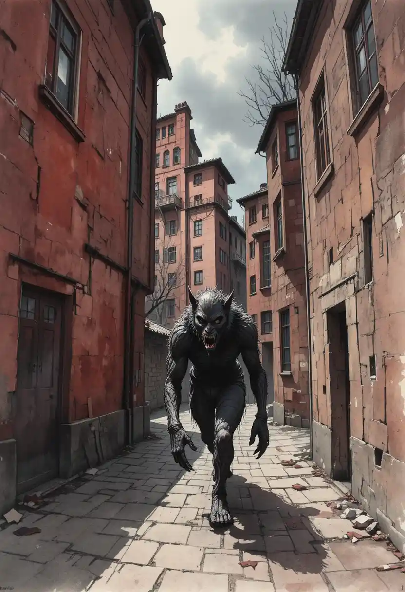 Surreal watercolor cityscape with a lurking werewolf