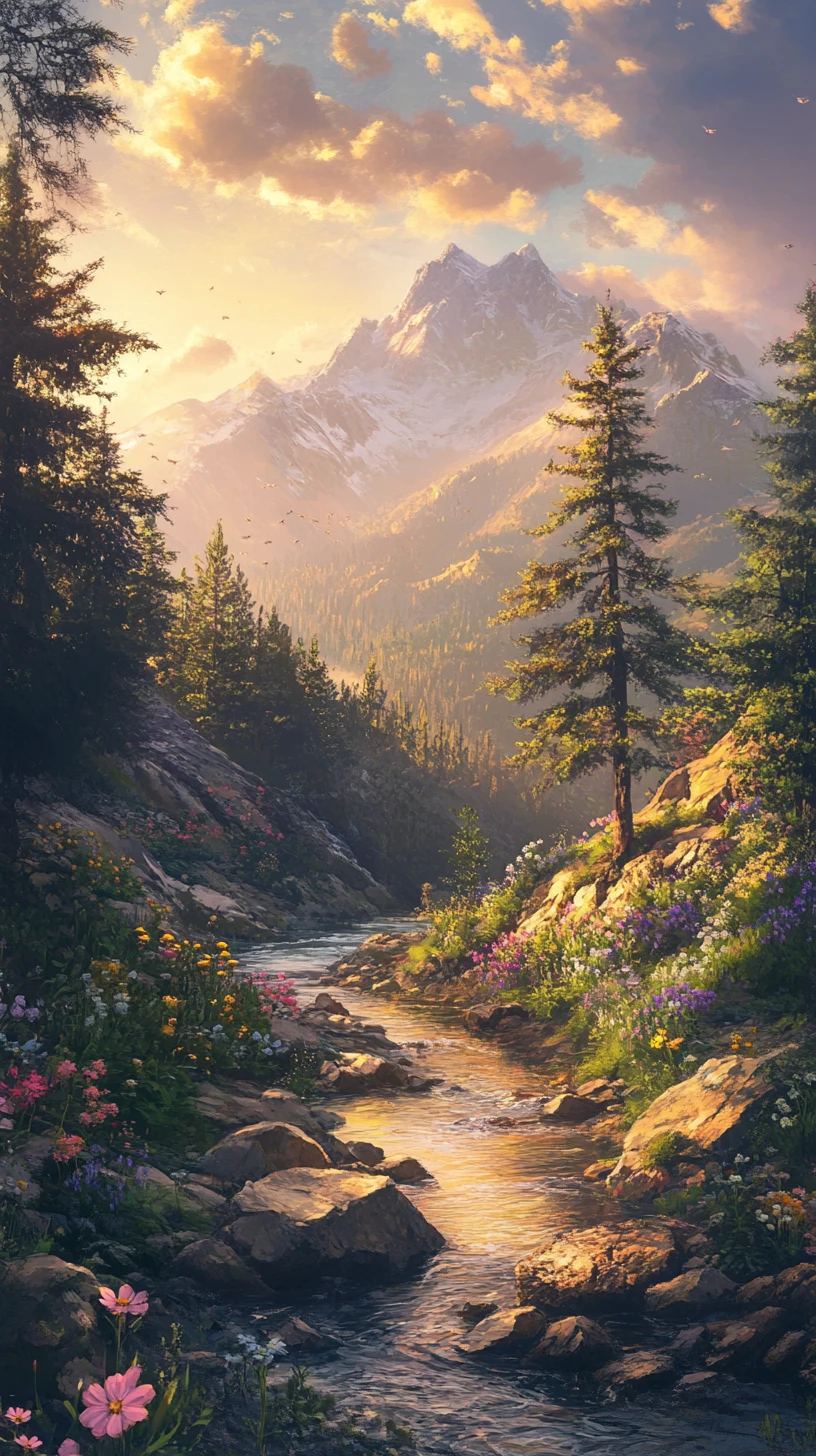 Iridescent glass mountainside with river and wildflowers