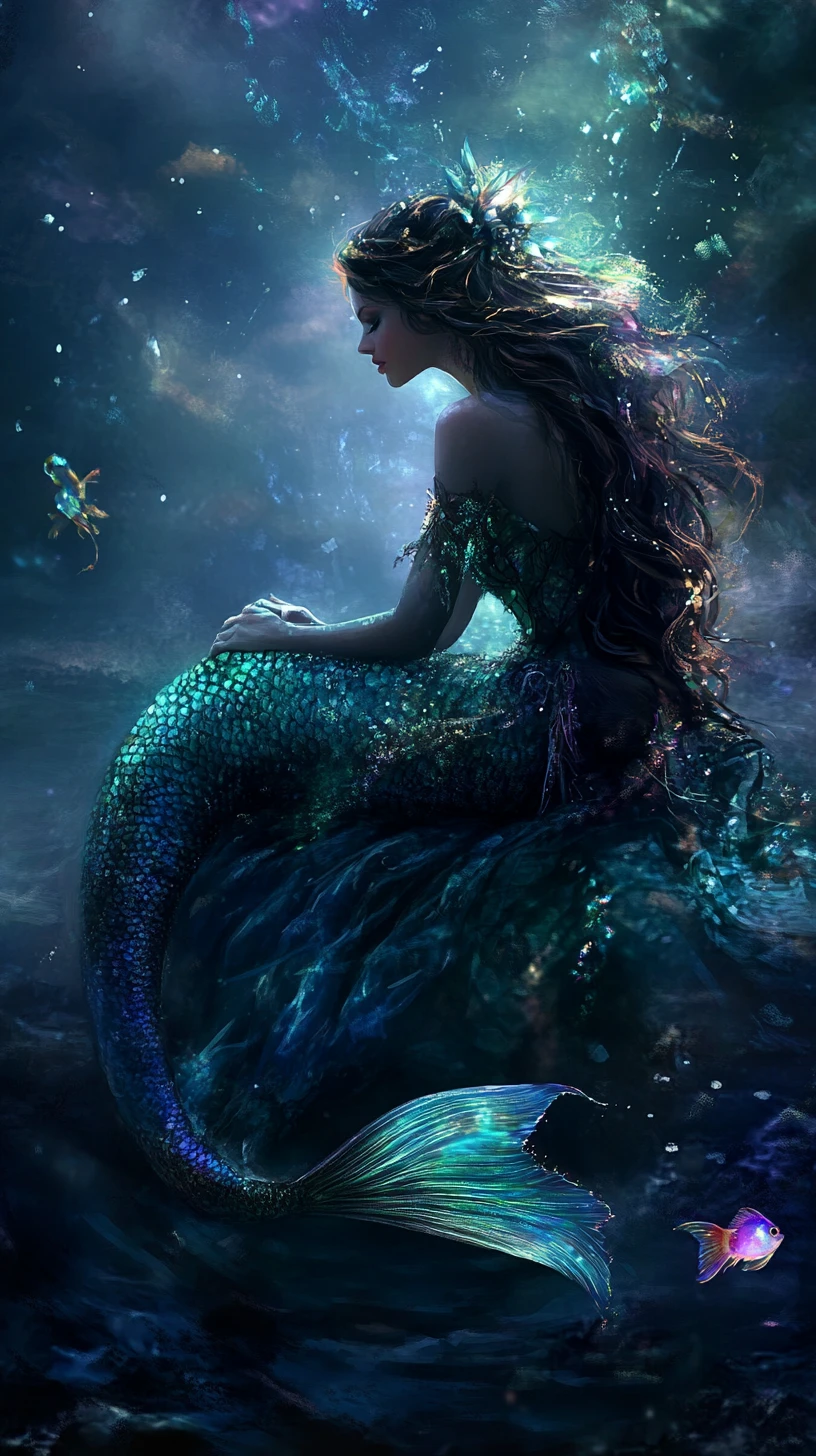Sirena mística con ojos brillantes en un océano sombrío