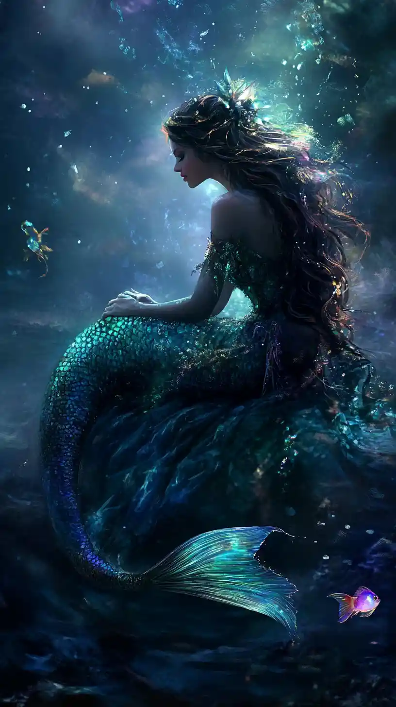 Mystical mermaid with glowing eyes in a shadowy ocean