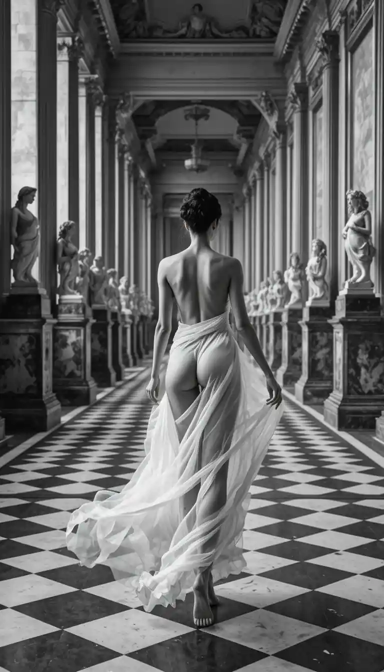 Woman walking barefoot through a classical marble sculpture gallery