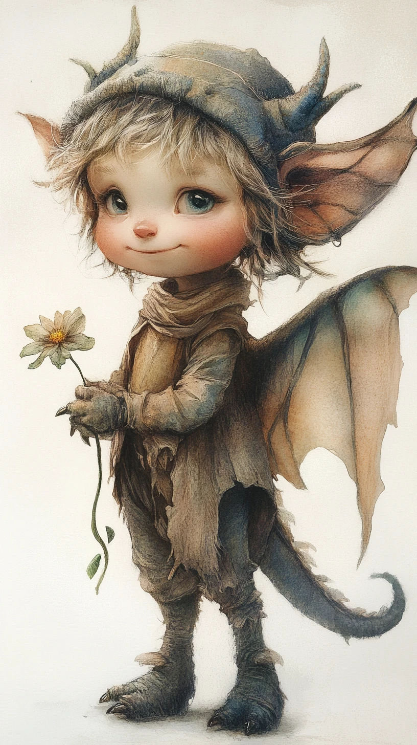 Tiny dragon toddler holding a flower in soft watercolor style