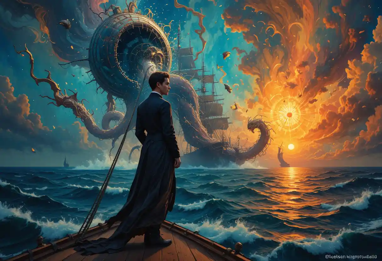 Young poet standing on a grand ship at sea