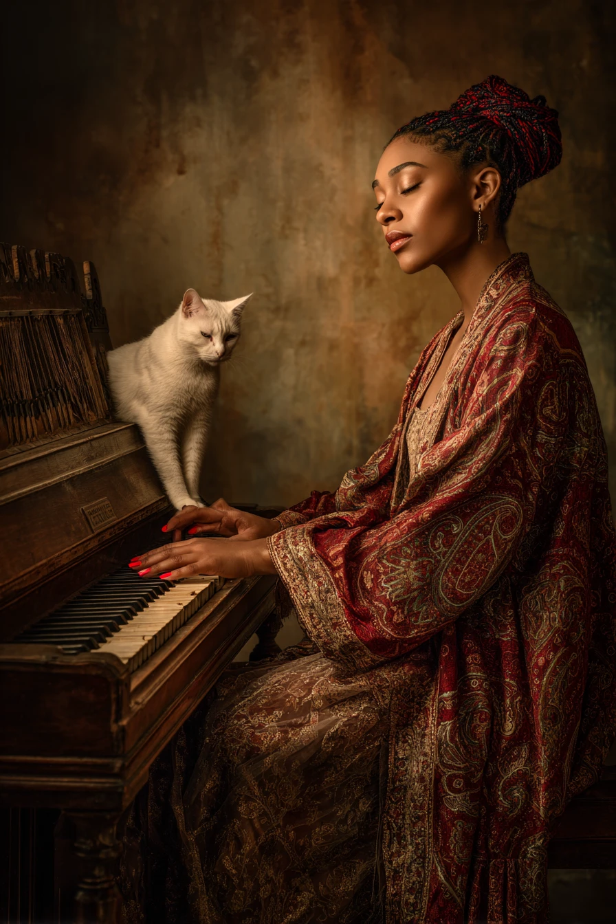 Femme élégante en robe rouge jouant du piano avec un chat blanc