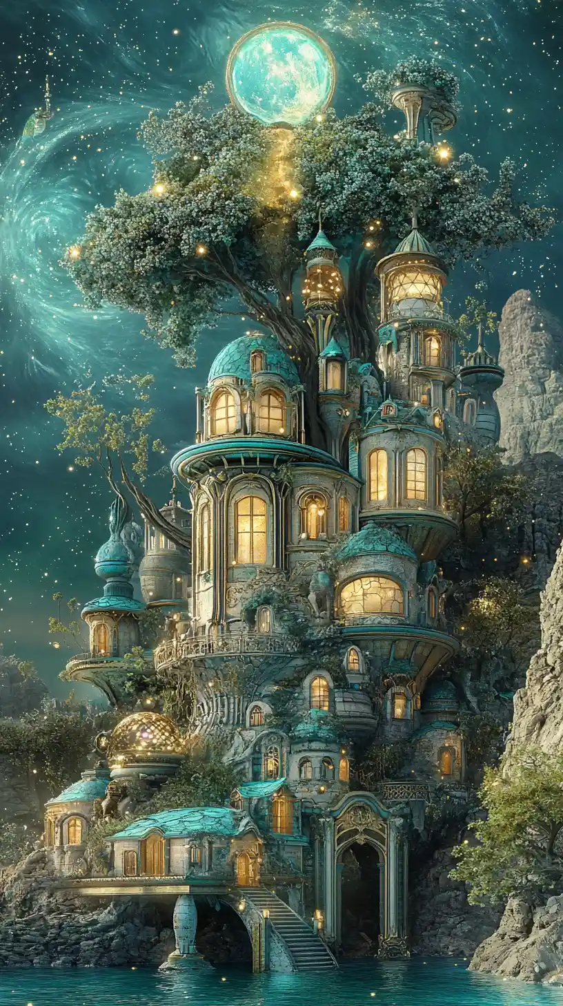 Whimsical fantasy coastal city with glowing storybook towers