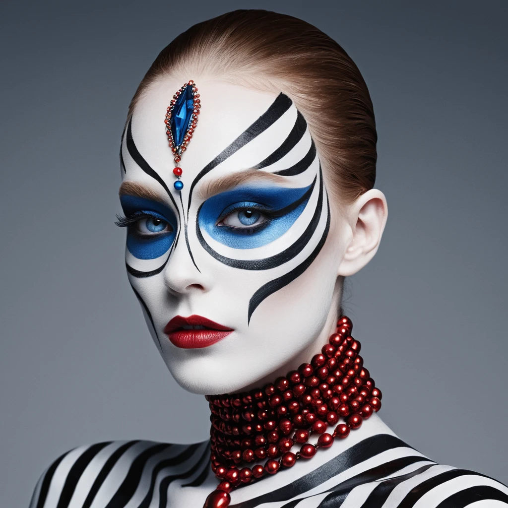 Arte facial a rayas con glam metálico y penetrantes ojos azules