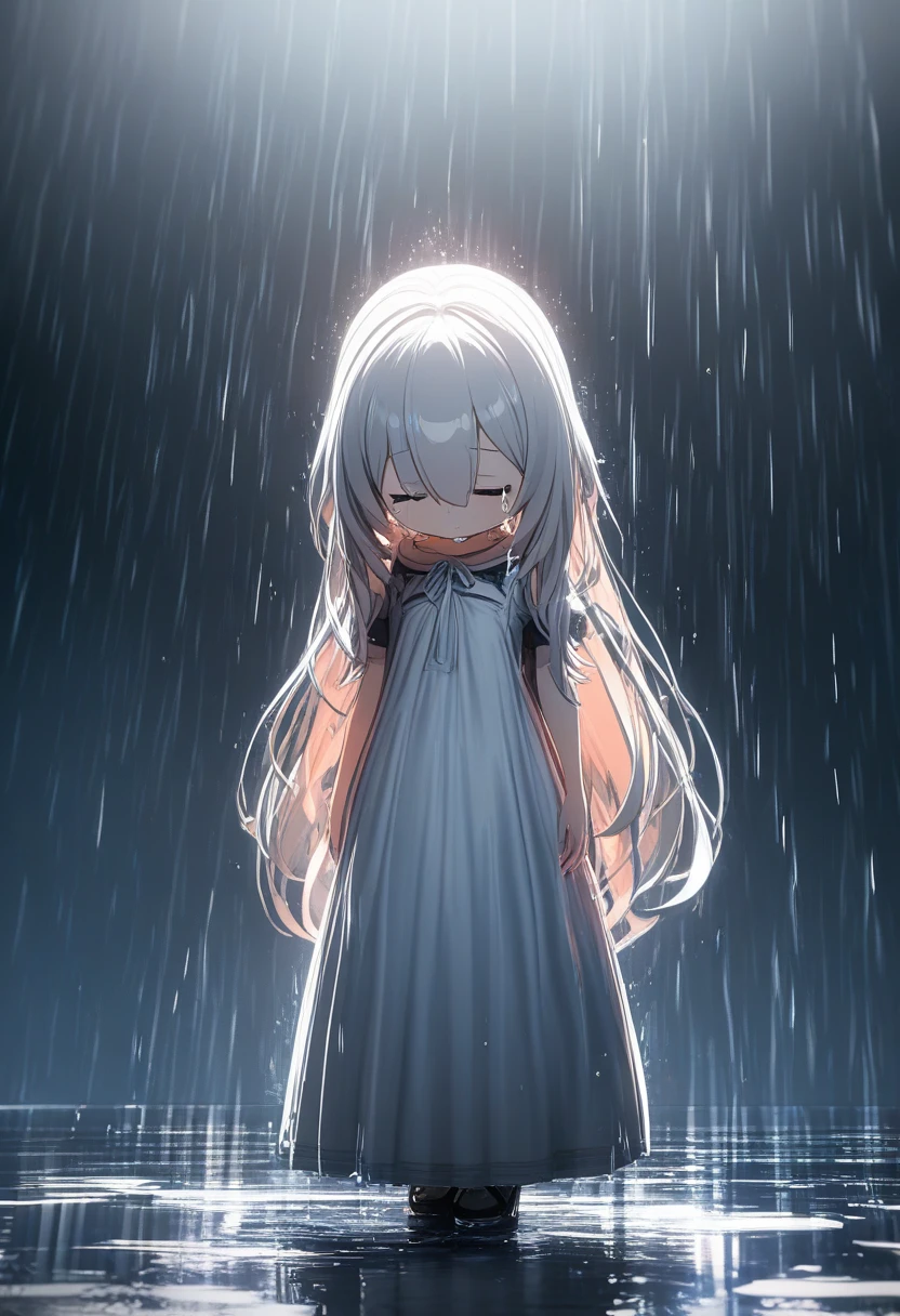 Linda chica chibi con vestido blanco llorando bajo la lluvia