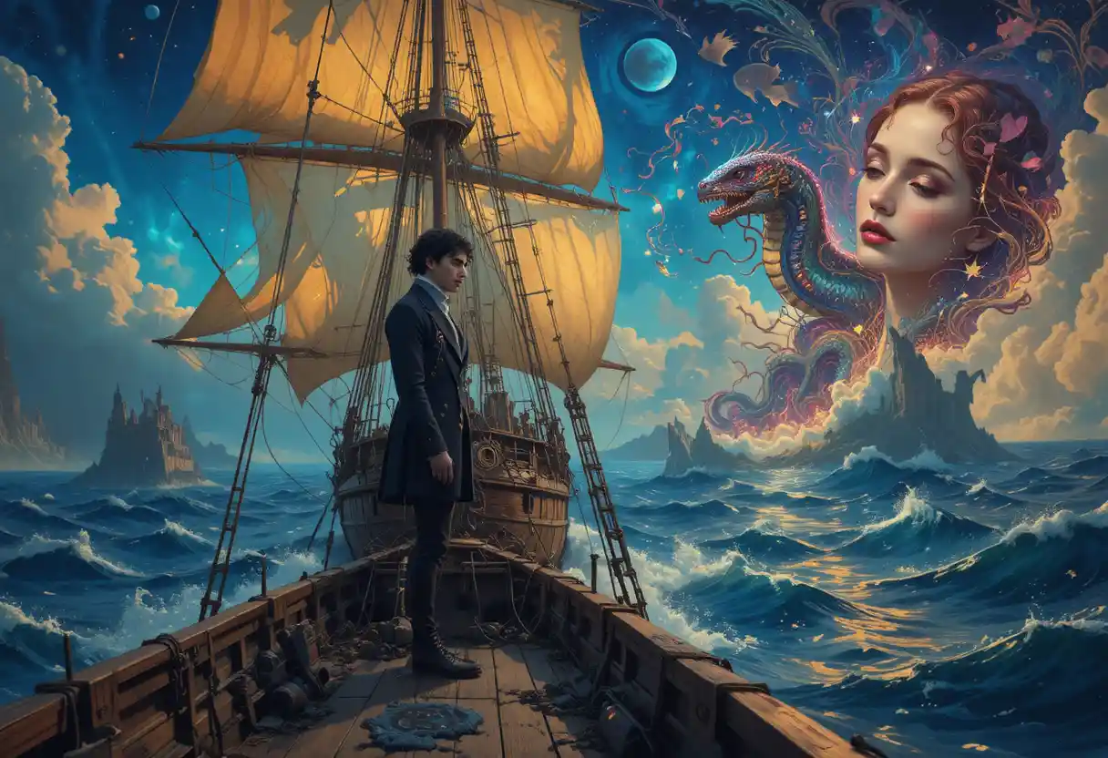 Young poet on the deck of a majestic old ship