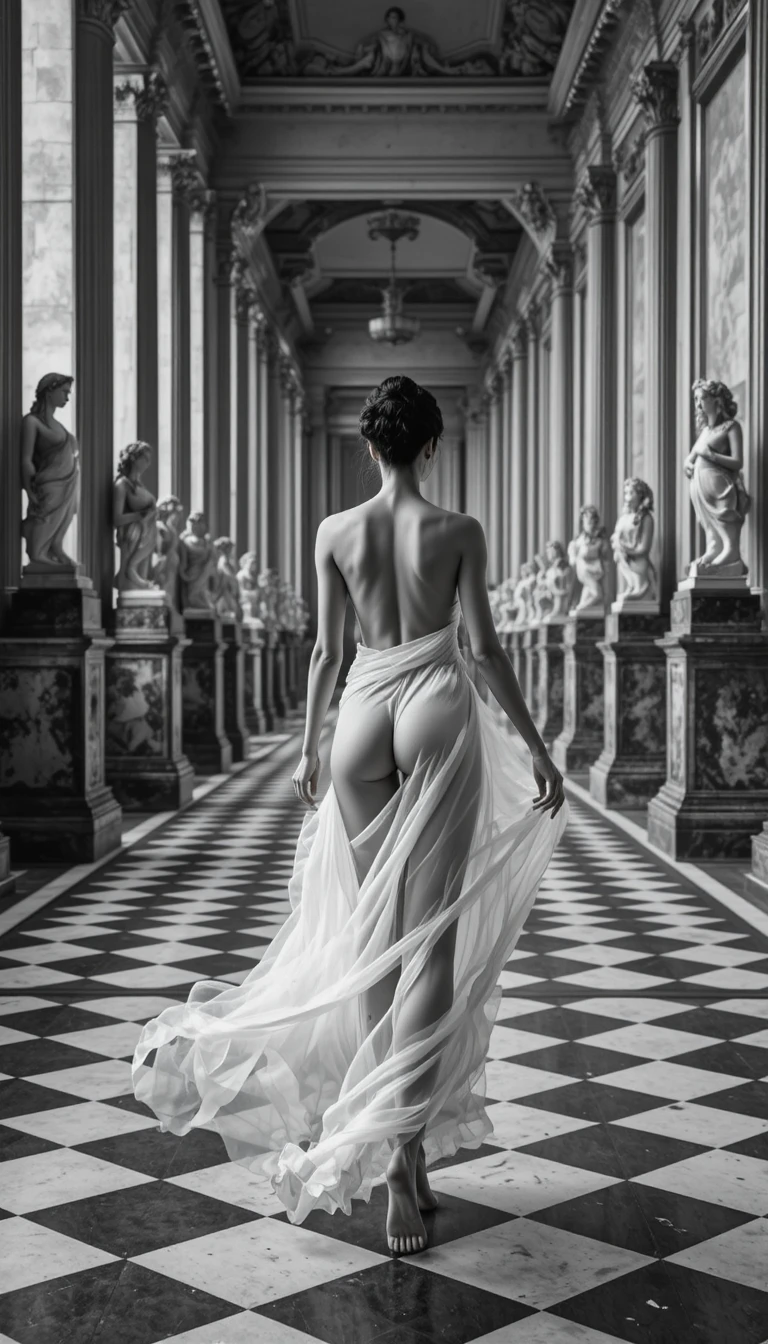 Donna che cammina a piedi nudi in una galleria di sculture classiche in marmo