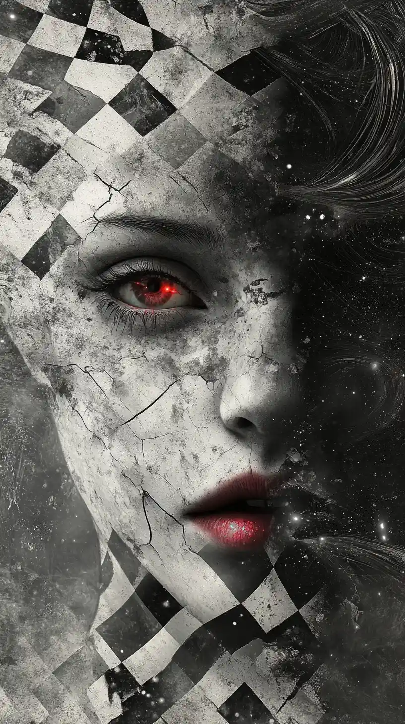 Woman face dissolving into dust and celestial fragments