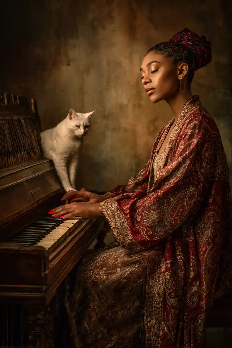 Femme élégante en robe rouge jouant du piano avec un chat blanc