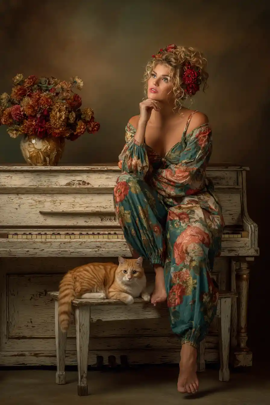 Glamouröse Frau mit Katze an Vintage-Klavier im warmen Licht