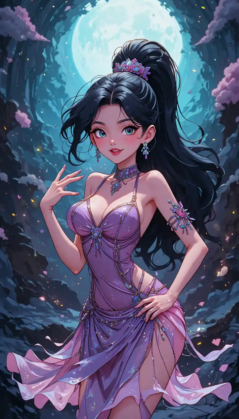 Anime woman smirking before a dark alien planet