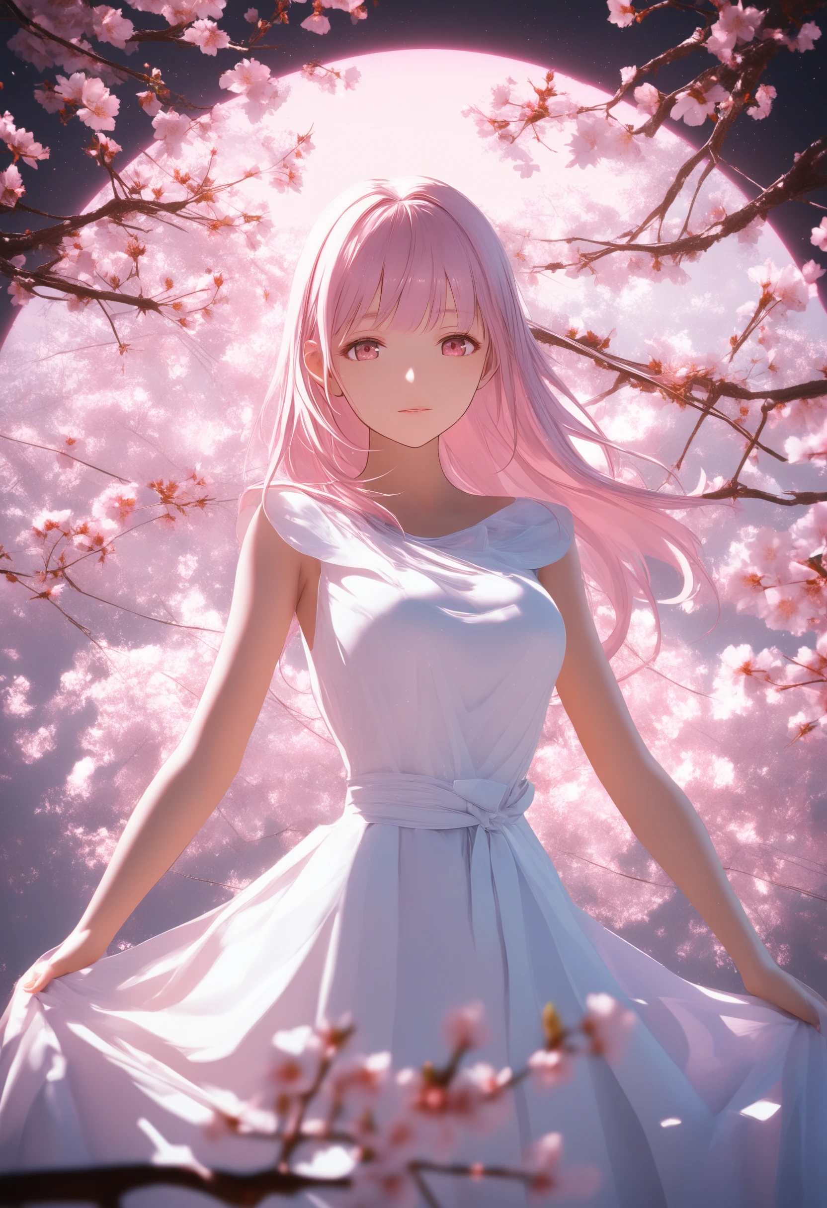 Anime-Schülerin im weißen Kleid unter Kirschblüten