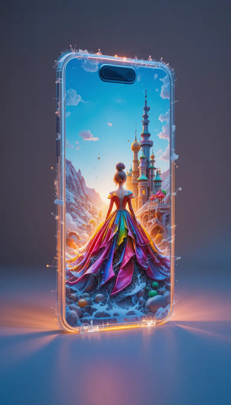 Garota em vestido de baile esvoaçante em projeção 3D colorida