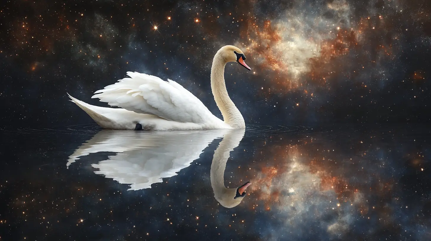 Elegant swan gliding on surreal reflective celestial water
