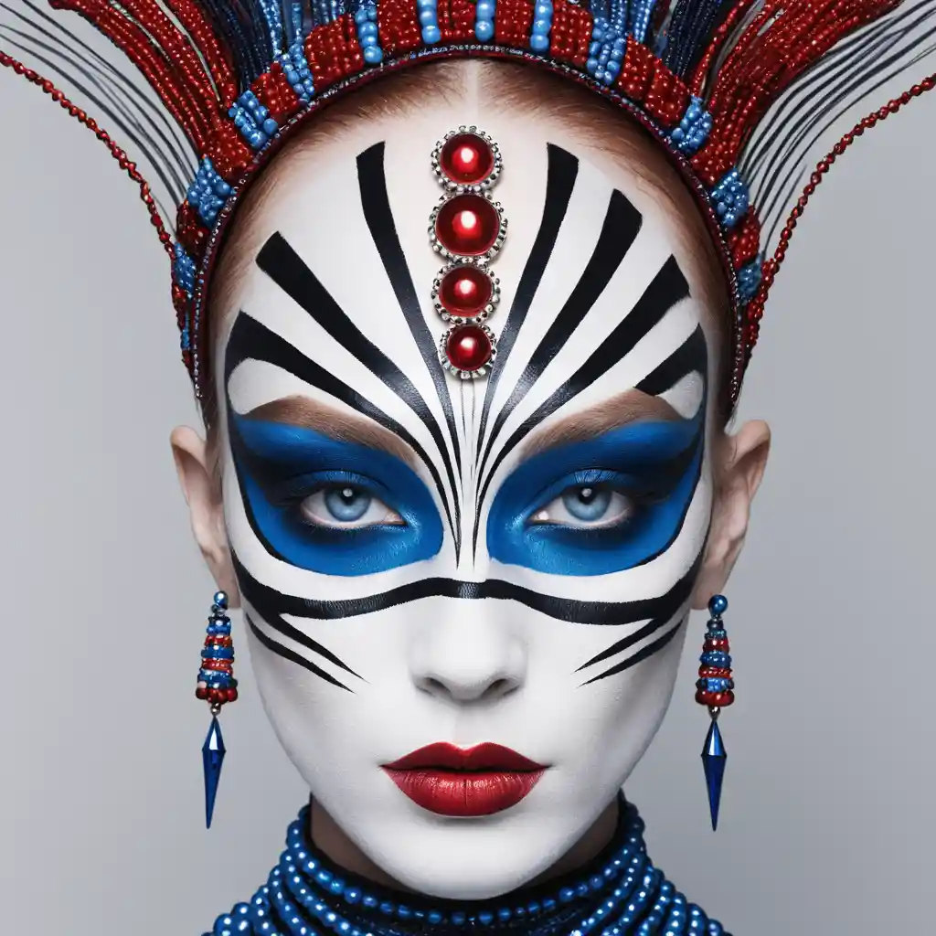 Striped face art with blue eyes and metallic beaded accents