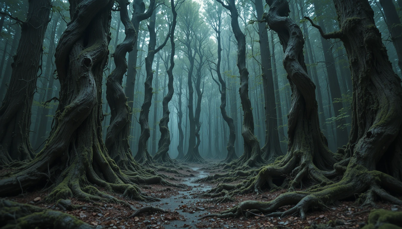 Foresta opprimente di alberi contorti umanoidi e corpi