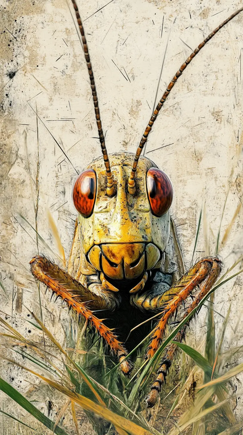 Ritratto astratto in mixed media di una cavalletta colorata