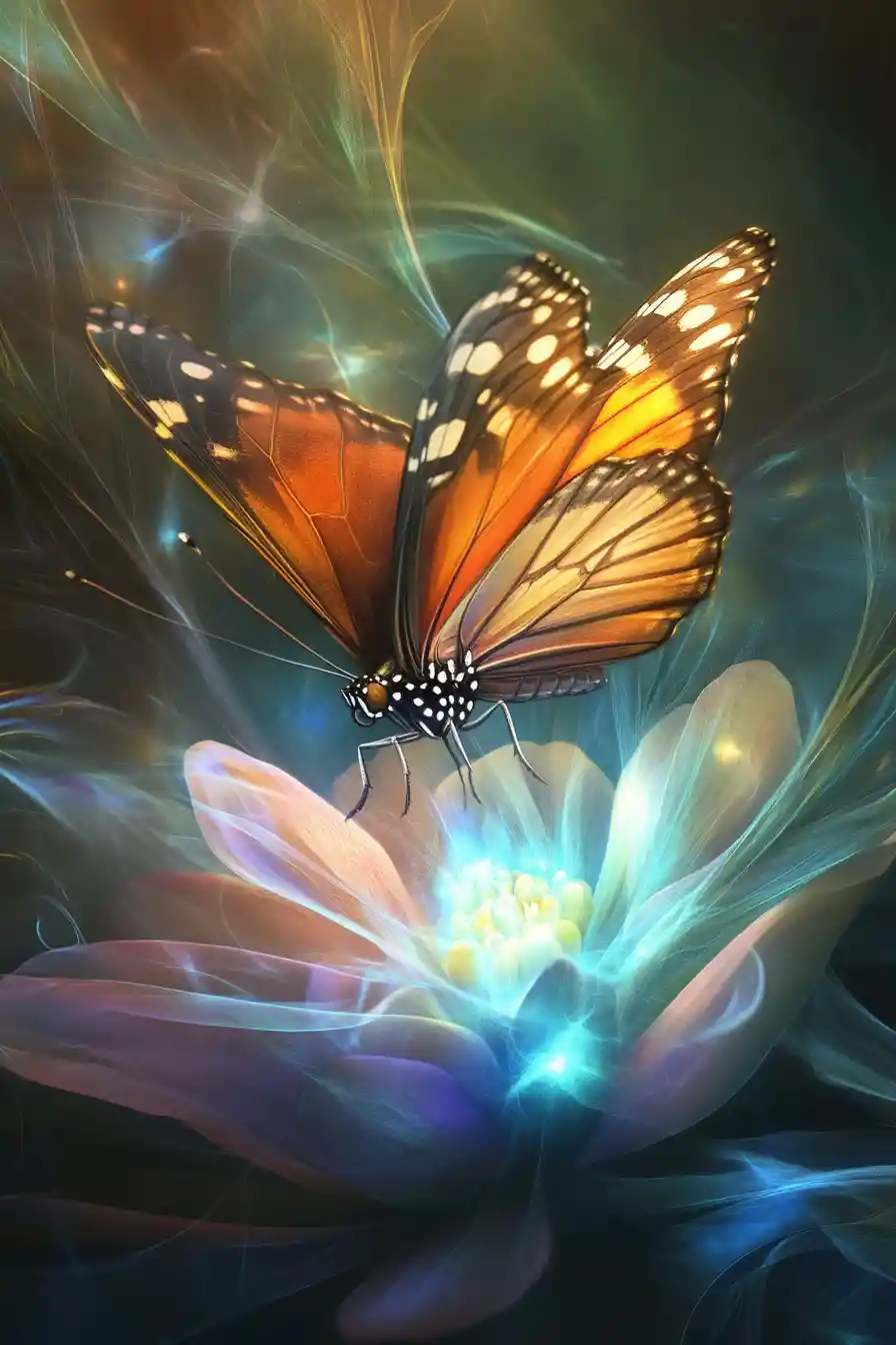 Schmetterling über blütenblattartiger, geschichteter Landschaft im Licht