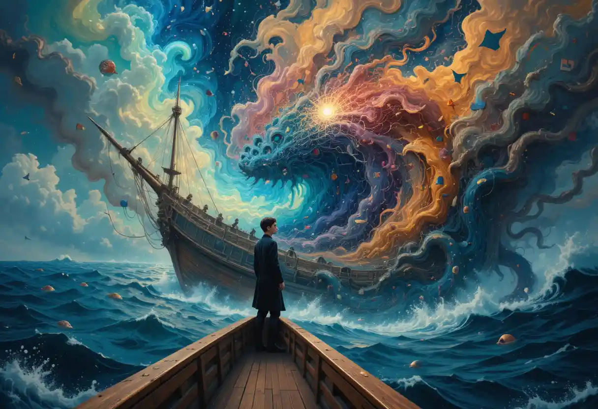 Young poet standing on the deck of a majestic ship