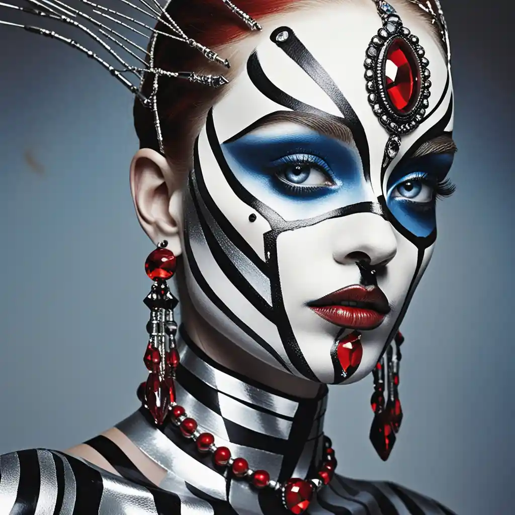 Striped face art with blue eyes and red beaded adornment
