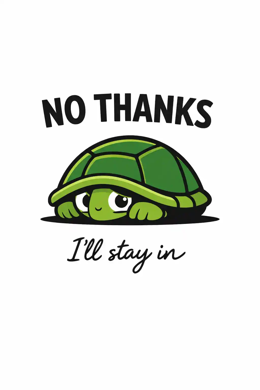 Illustrazione minimalista di tartaruga con testo in grassetto “NO THANKS”