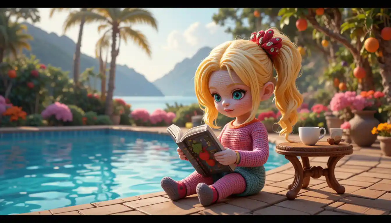 Ragazzina rapper in stile Pixar con gatto al guinzaglio in studio