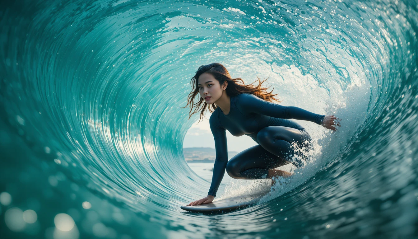 Surfeuse dans le tube d’une vague turquoise