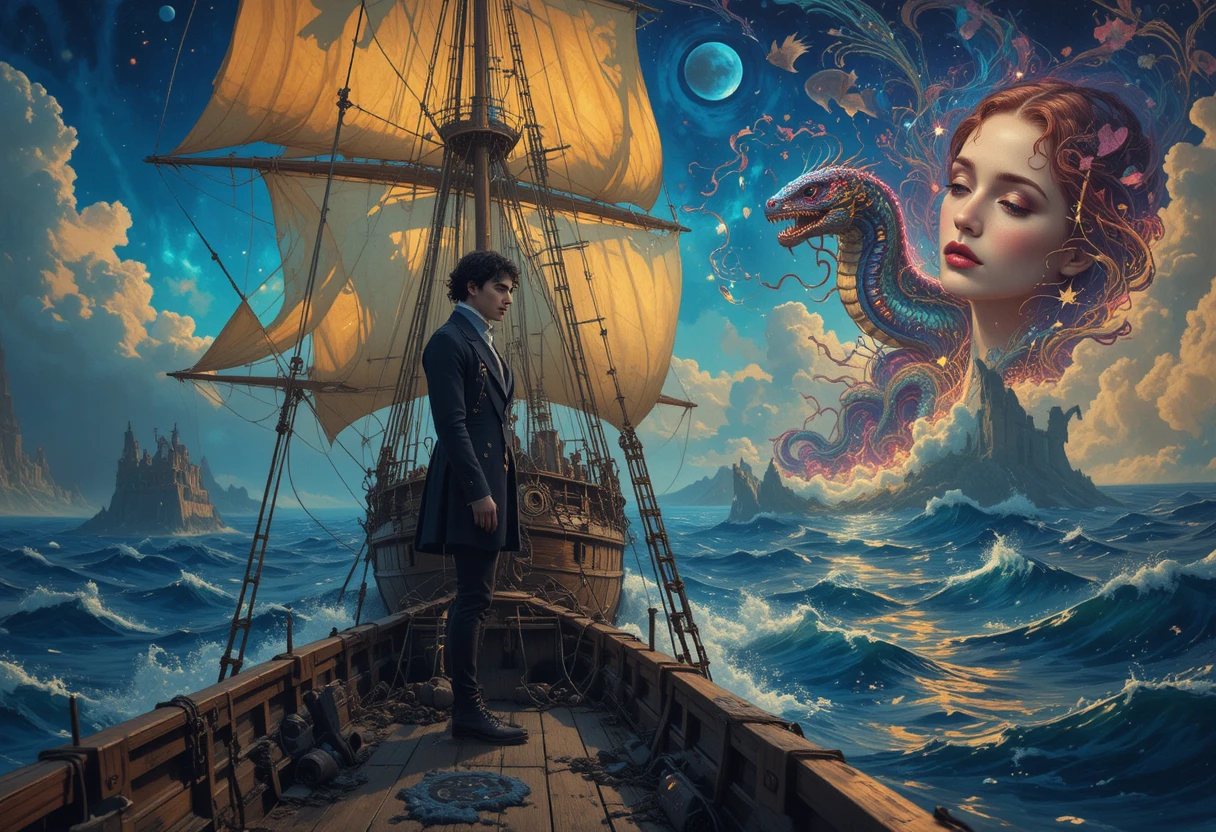Joven poeta en la cubierta de un majestuoso barco antiguo