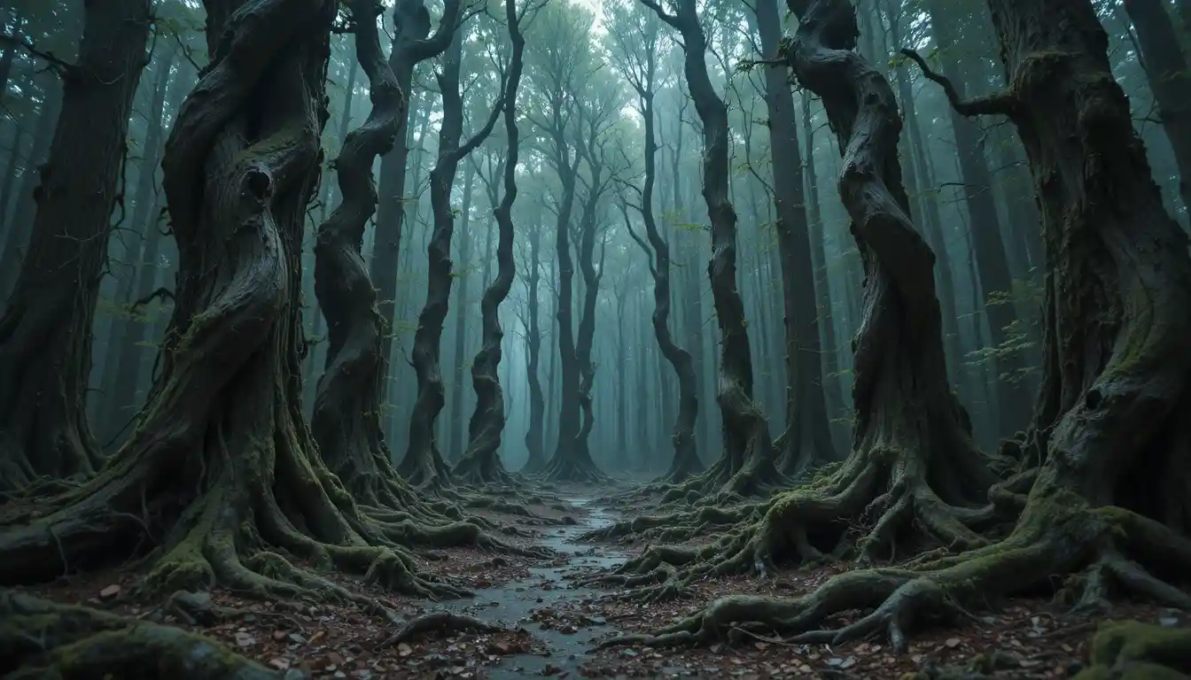 Oppressive forest of twisted human like trees and bodies