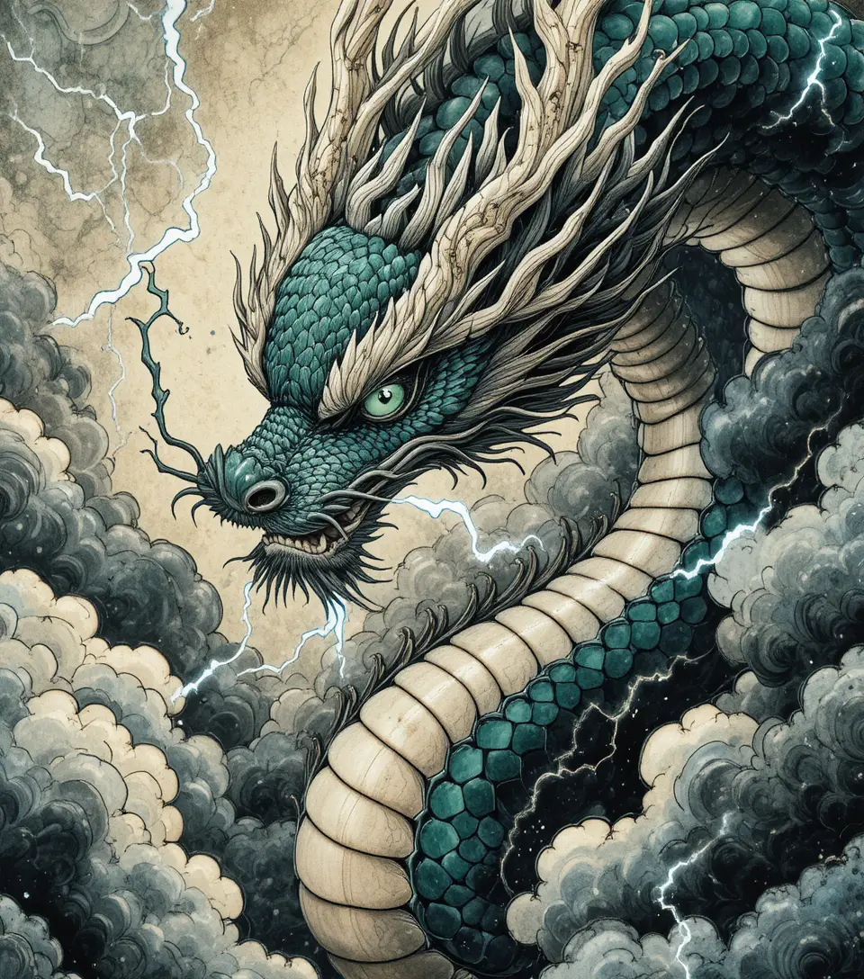 Dragón de tinta enroscado entre nubes de tormenta con ojos verdes