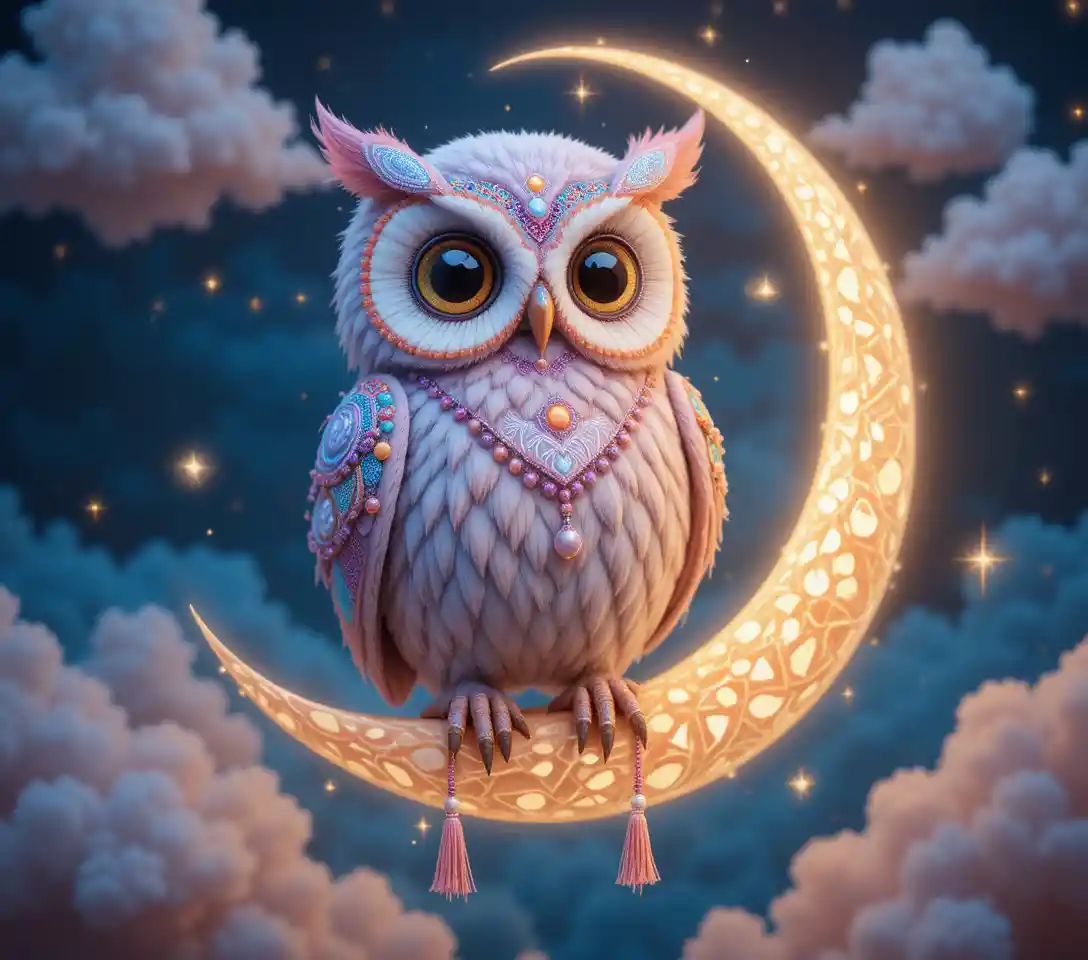 Pastel 3D boho owl resting on a glowing crescent moon