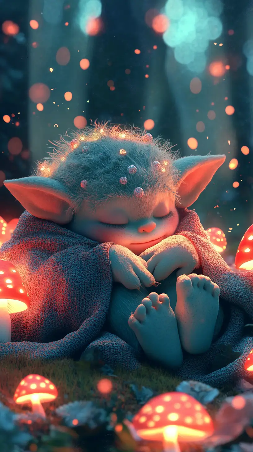 Piccolo orco bambino che riposa sotto una coperta con funghi luminosi