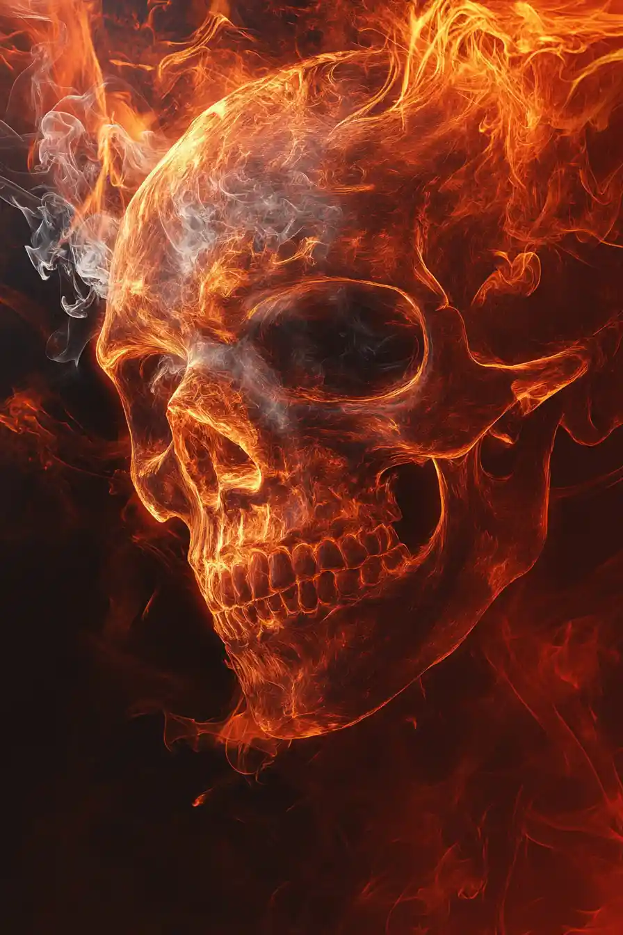 Llamas ardientes en espiral que revelan un rostro de calavera oculto