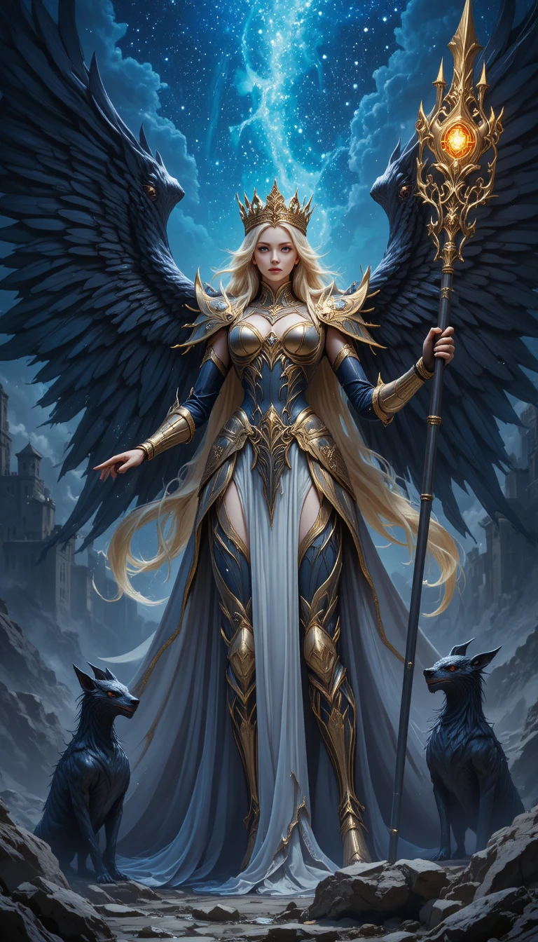 Winged golden warrior woman before a starry castle