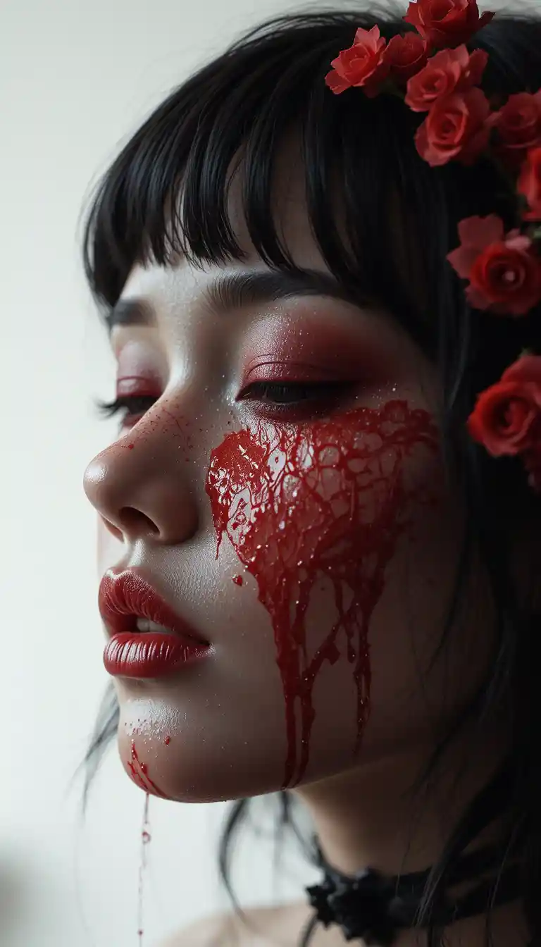 Primo piano surreale di una rosa in lacrime in stile drammatico
