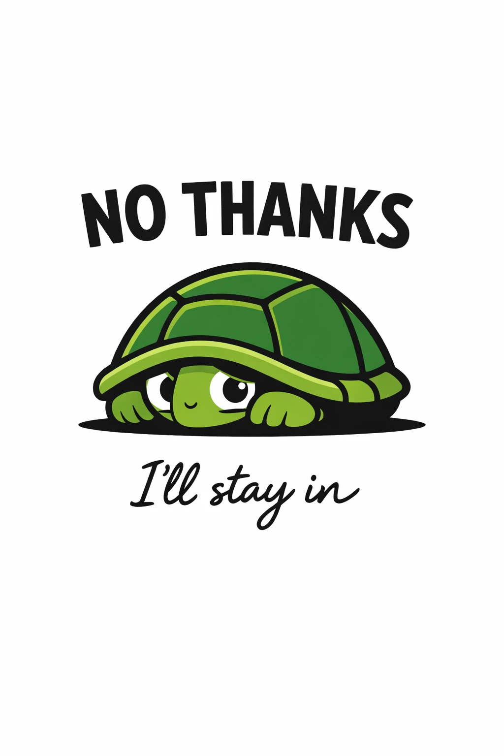 Illustrazione minimalista di tartaruga con testo in grassetto “NO THANKS”