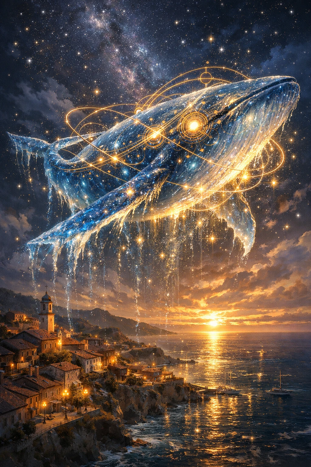 Celestial whale of water and stars above coastal town