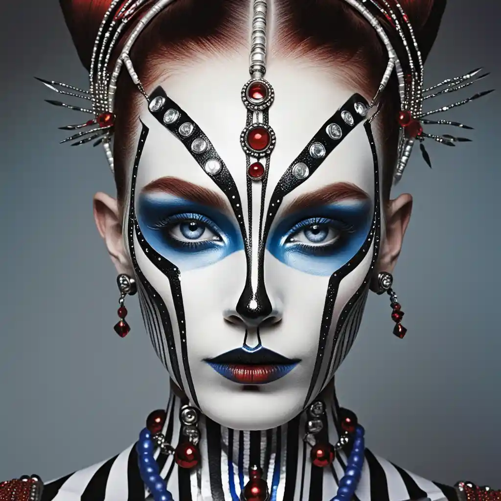 Avant garde striped face with metallic glam details