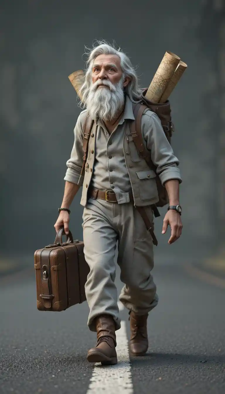 Elderly bearded traveler walking on a road with maps
